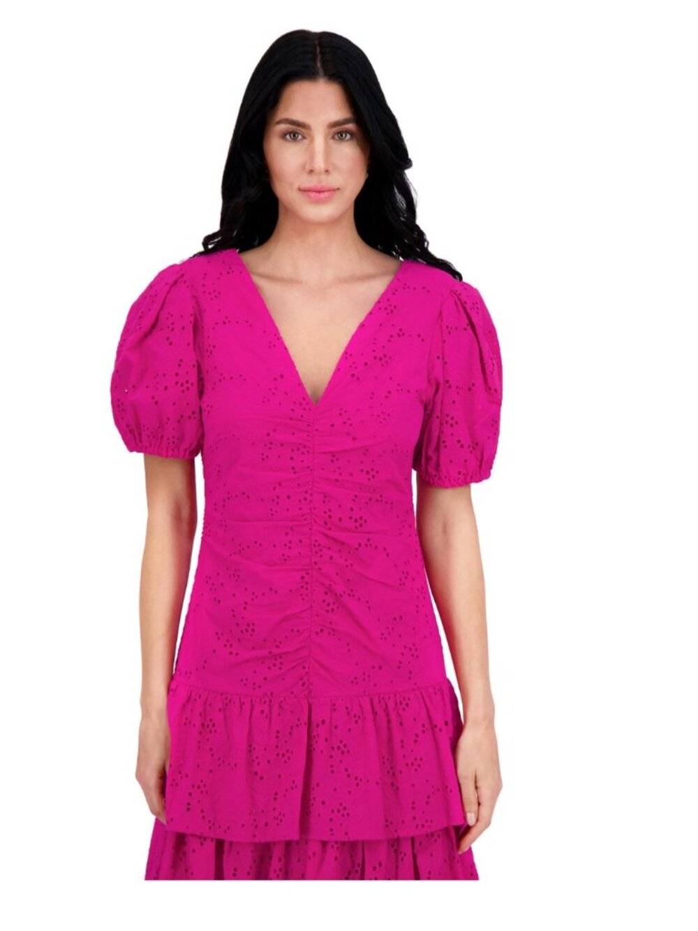 Pink Eyelet Tiered Midi Dress With Puff Sleeves V-Neck And Back Zip Closure - Si - Picture 9 of 9